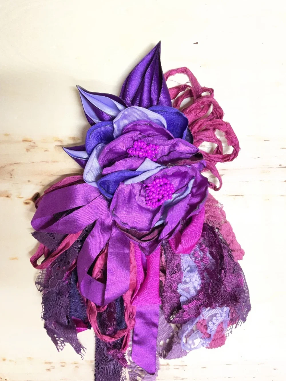 Corsage-Brooch-Frou Frou- Bow- upcycled flower pin